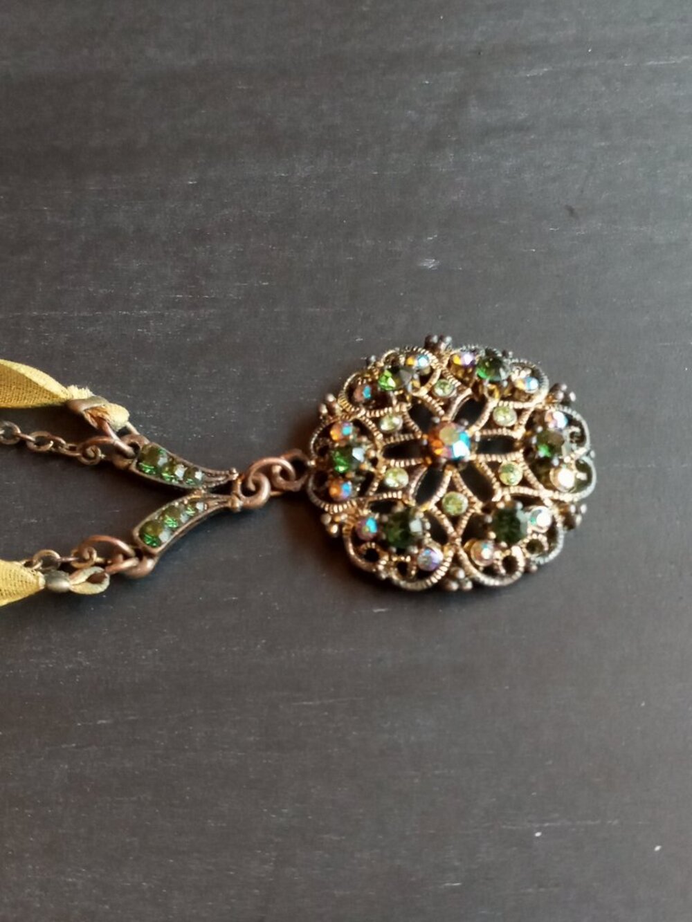 Vintage Filigree-style Pendant Necklace w/Multi-colored Crystal Rhinestones - Picture 12 of 16